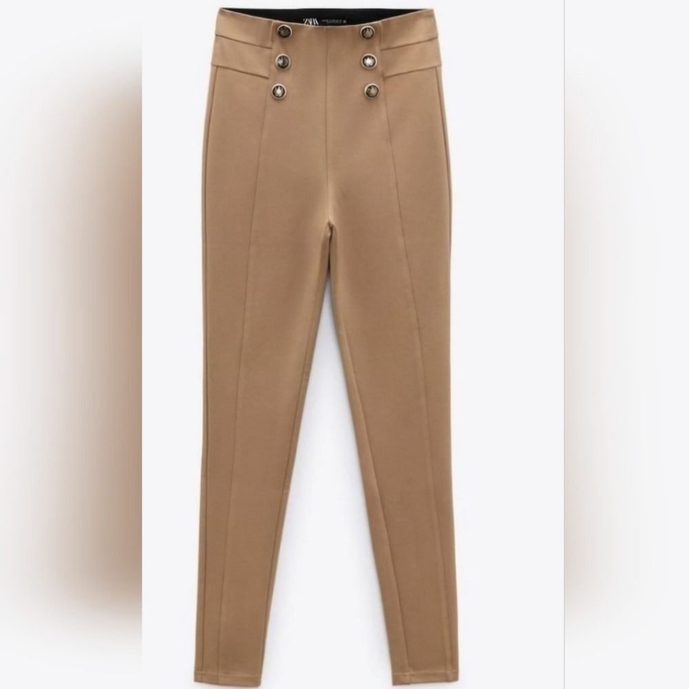 Zara Ponte Pants Tan Pull On High Waist Trousers Camel Leggings Business Casual